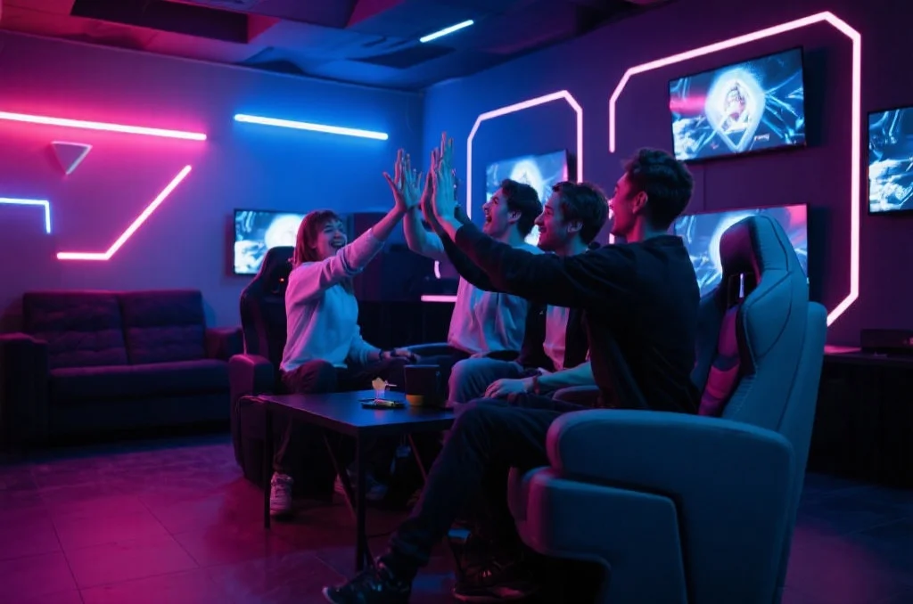 一群玩家在电竞休息室中享受游戏乐趣