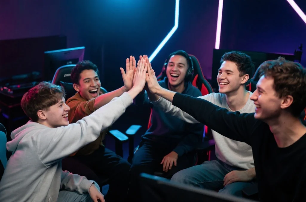 一群年轻的电竞玩家，来自不同背景，围坐在一起，脸上洋溢着胜利的喜悦，互相击掌庆祝，展现出深厚的友谊和团队精神