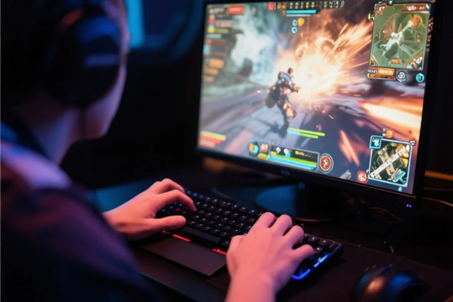 特写镜头下电竞选手专注于屏幕，手指快速操作键盘鼠标，屏幕上游戏画面激烈